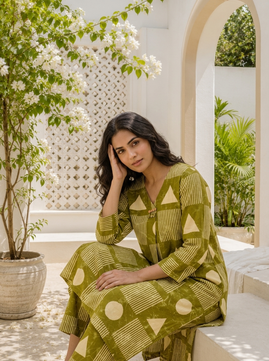 Mehadi Green Cotton Geometric Printed Two Piece Set