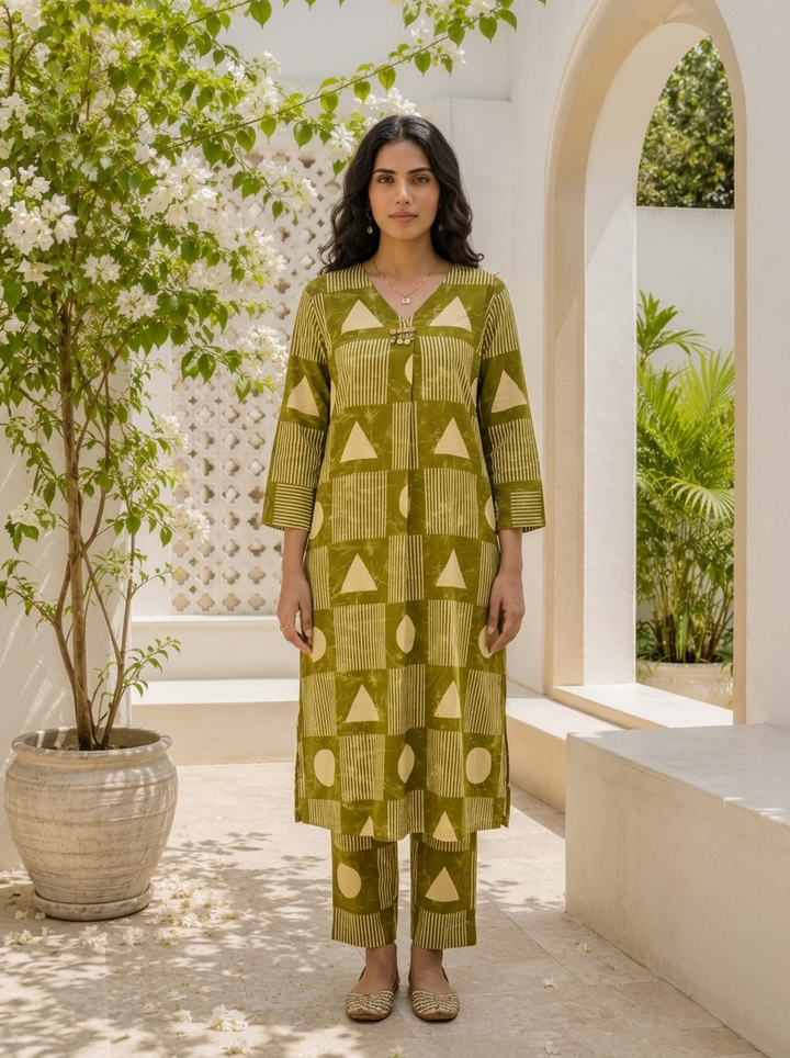 Mehadi Green Cotton Geometric Printed Two Piece Set