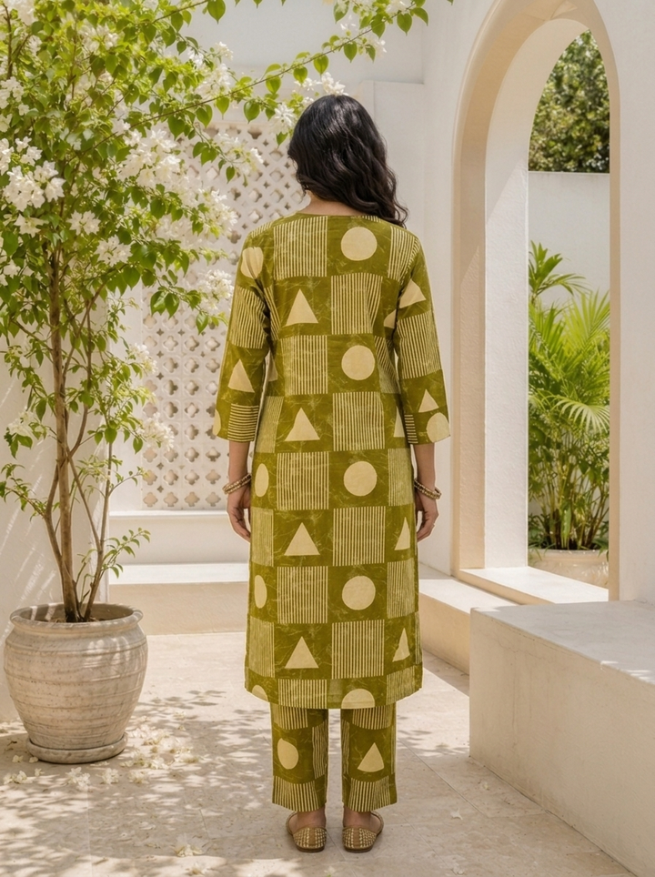 Mehadi Green Cotton Geometric Printed Two Piece Set