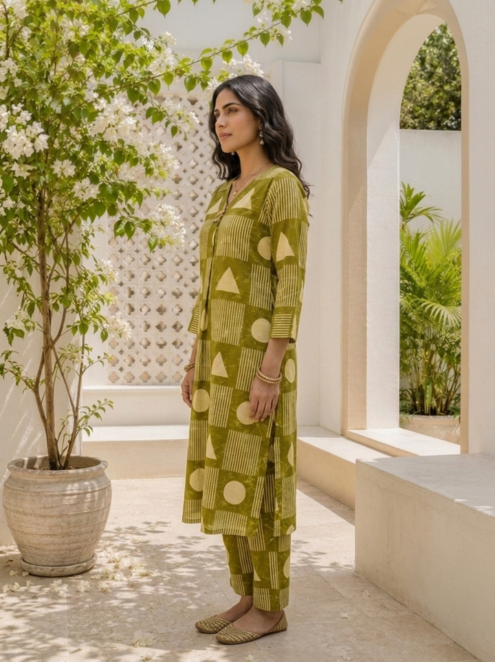 Mehadi Green Cotton Geometric Printed Two Piece Set