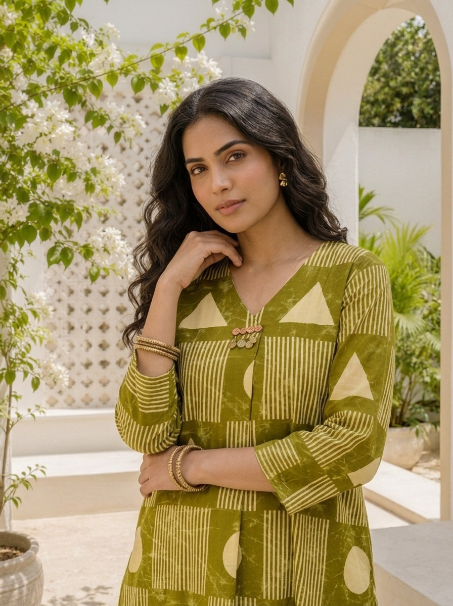 Mehadi Green Cotton Geometric Printed Two Piece Set