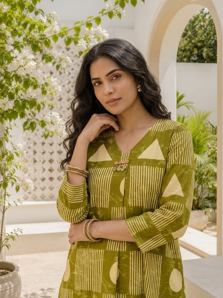 Mehadi Green Cotton Geometric Printed Two Piece Set