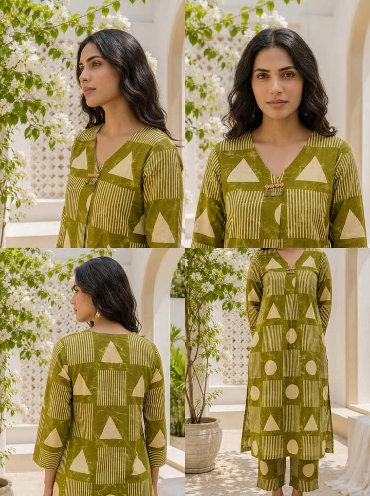 Mehadi Green Cotton Geometric Printed Two Piece Set