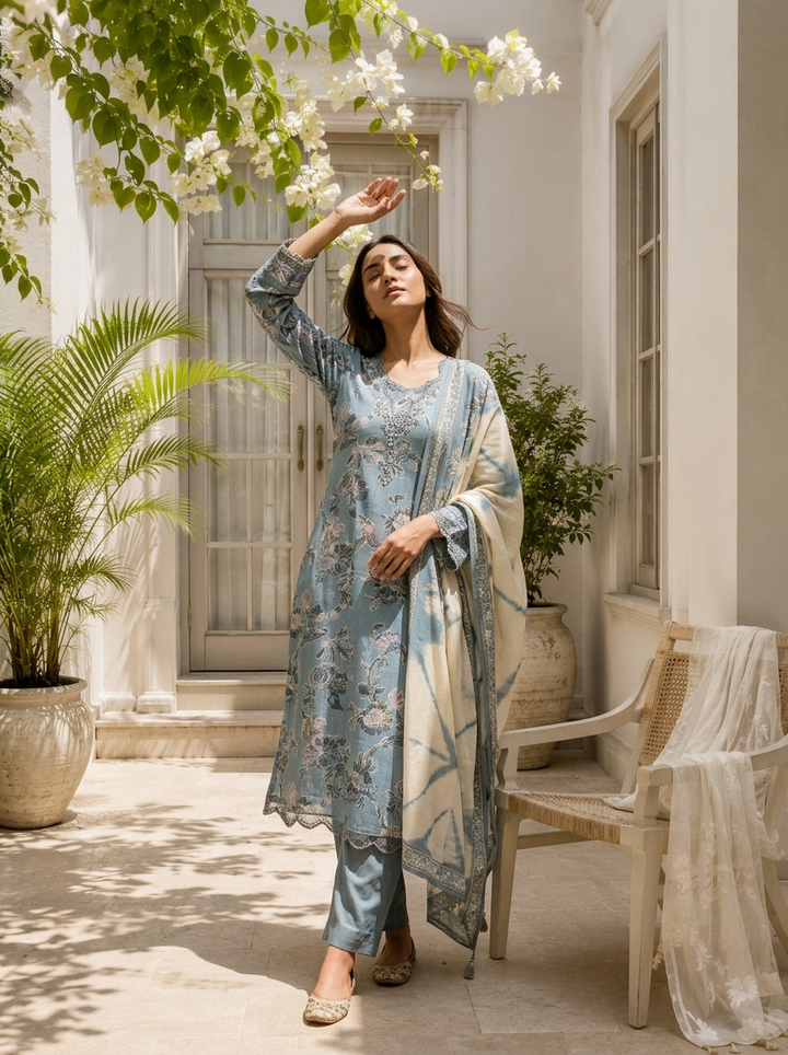 Aqua Chinon Botanical Floral Printed Three Piece Set