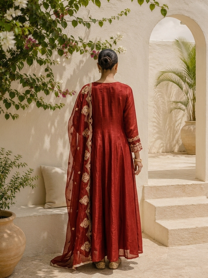 Rust Chinon Thread And Vertical Zari Embroidered Three Piece Set