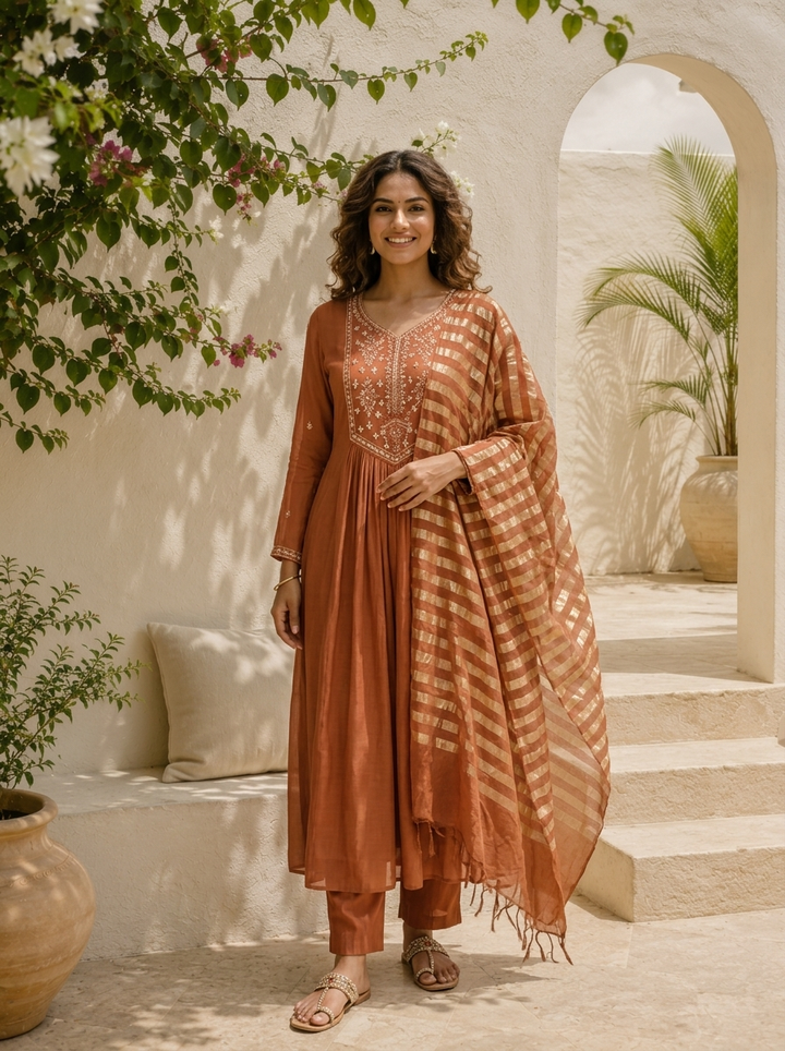 Brown Muslin Thread Embroidered Three Piece Set