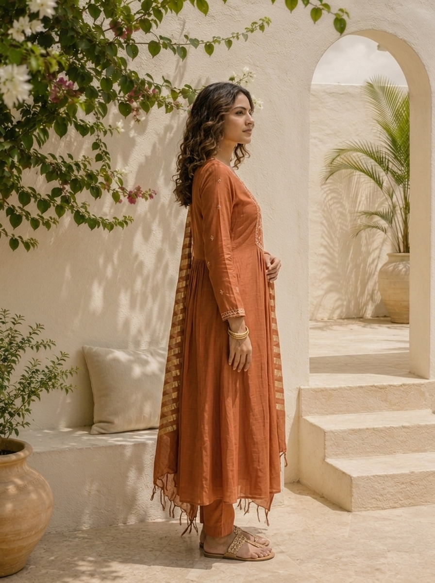 Brown Muslin Thread Embroidered Three Piece Set