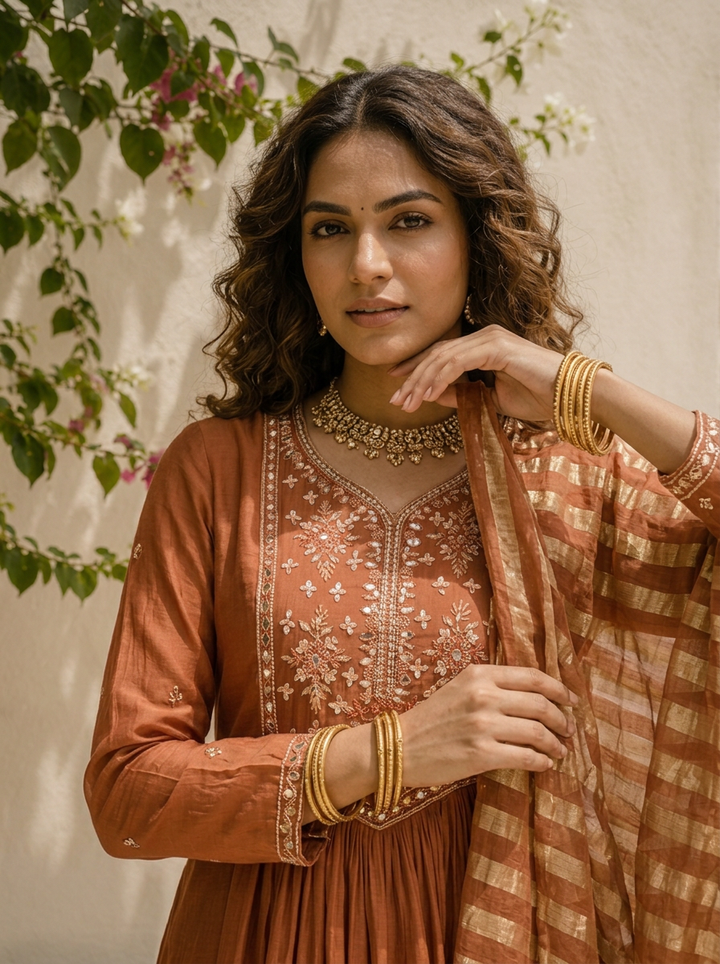 Brown Muslin Thread Embroidered Three Piece Set