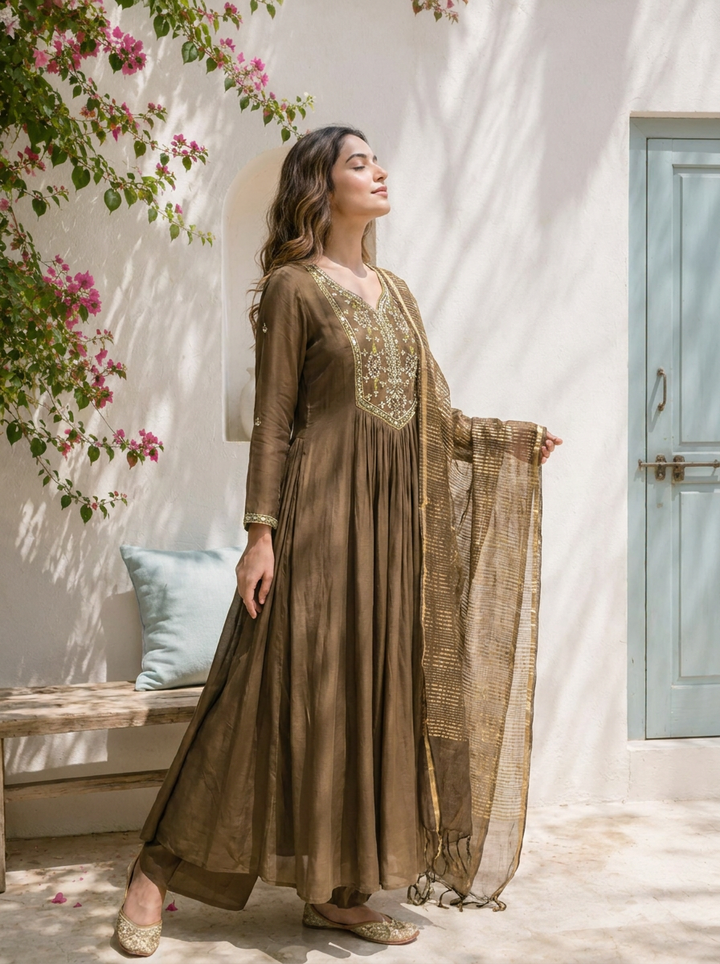 Olive Muslin Thread Embroidered Three Piece Set