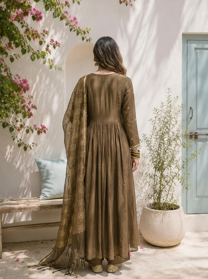 Olive Muslin Thread Embroidered Three Piece Set