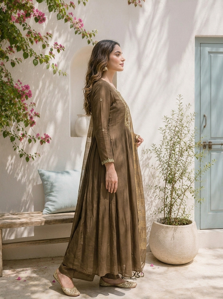 Olive Muslin Thread Embroidered Three Piece Set