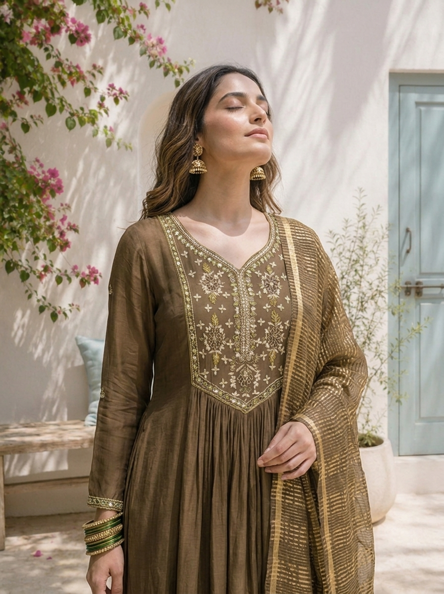 Olive Muslin Thread Embroidered Three Piece Set