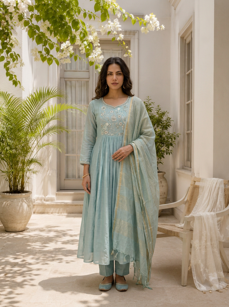 Sky Blue Muslin Bird Embroidered Three Piece Set