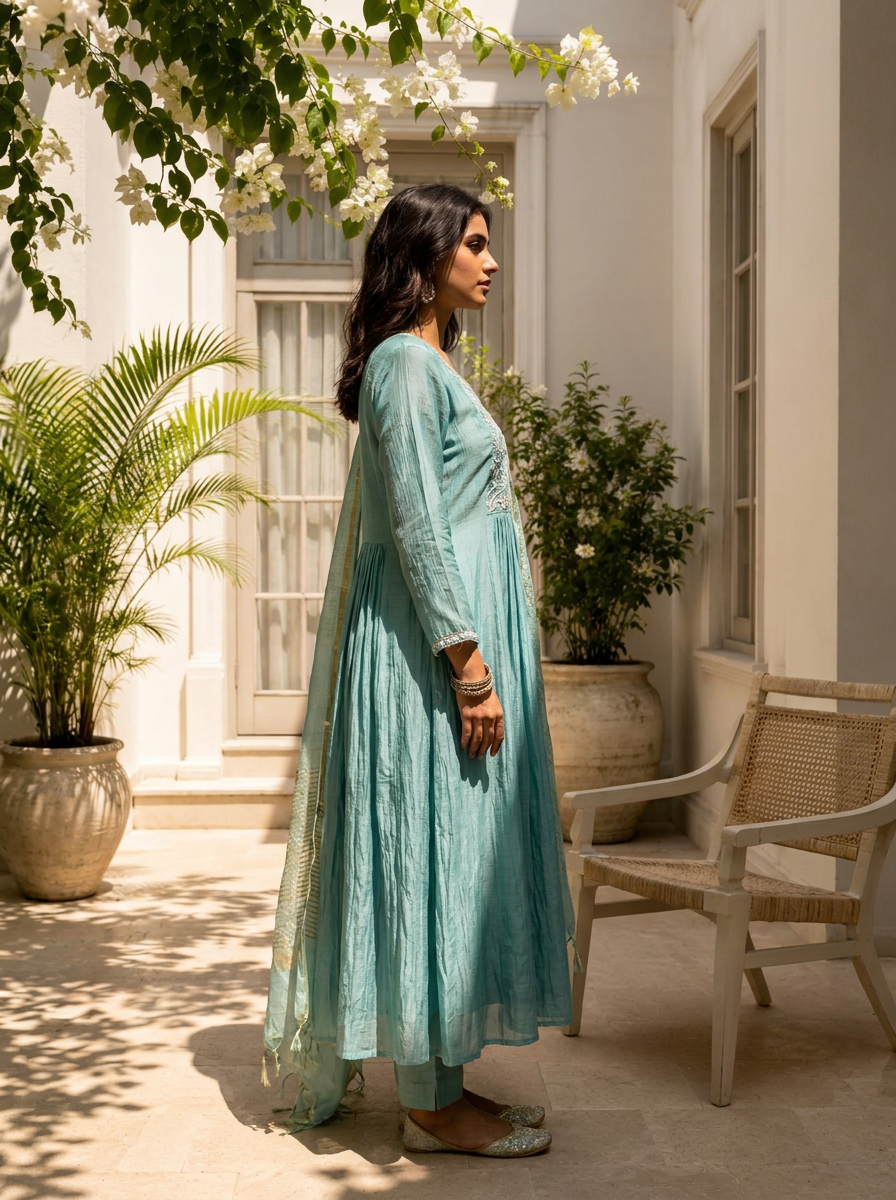 Sky Blue Muslin Bird Embroidered Three Piece Set