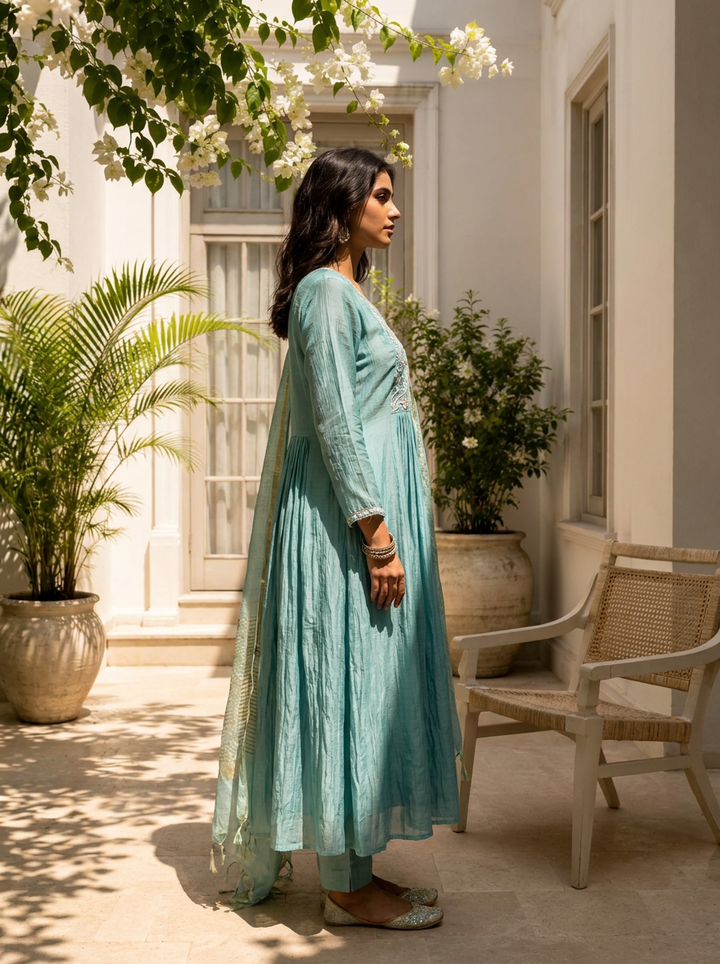 Sky Blue Muslin Bird Embroidered Three Piece Set
