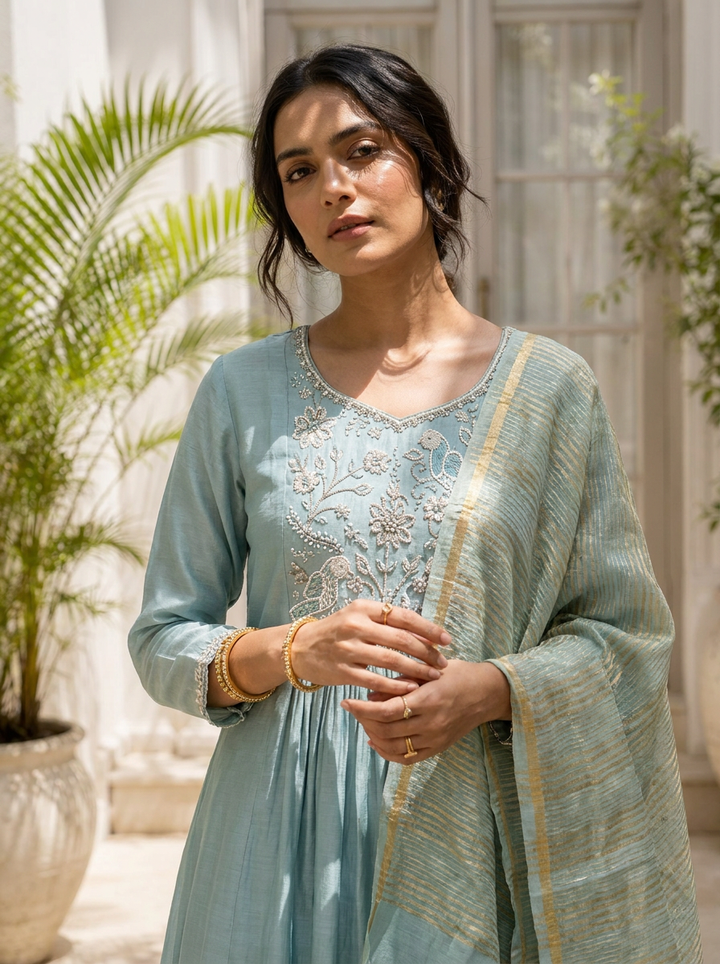 Sky Blue Muslin Bird Embroidered Three Piece Set