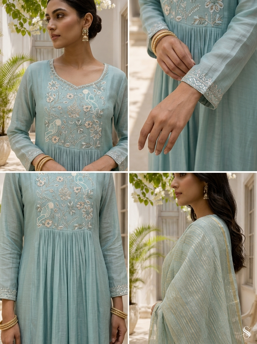 Sky Blue Muslin Bird Embroidered Three Piece Set