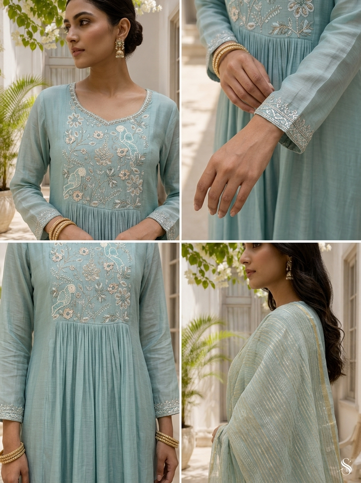 Sky Blue Muslin Bird Embroidered Three Piece Set
