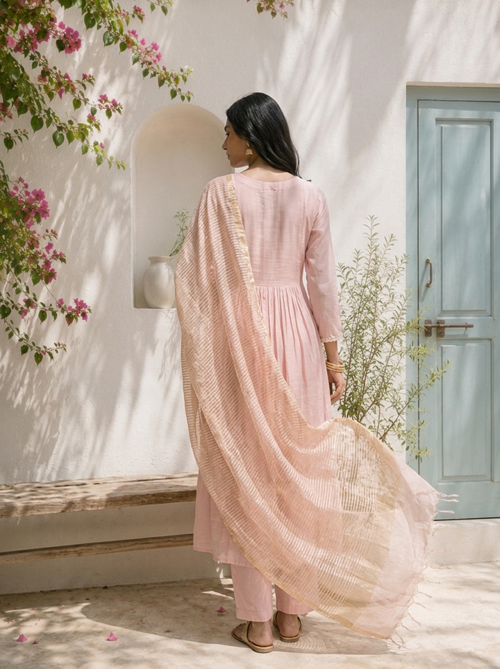 Baby Pink Muslin Bird Embroidered Three Piece Set
