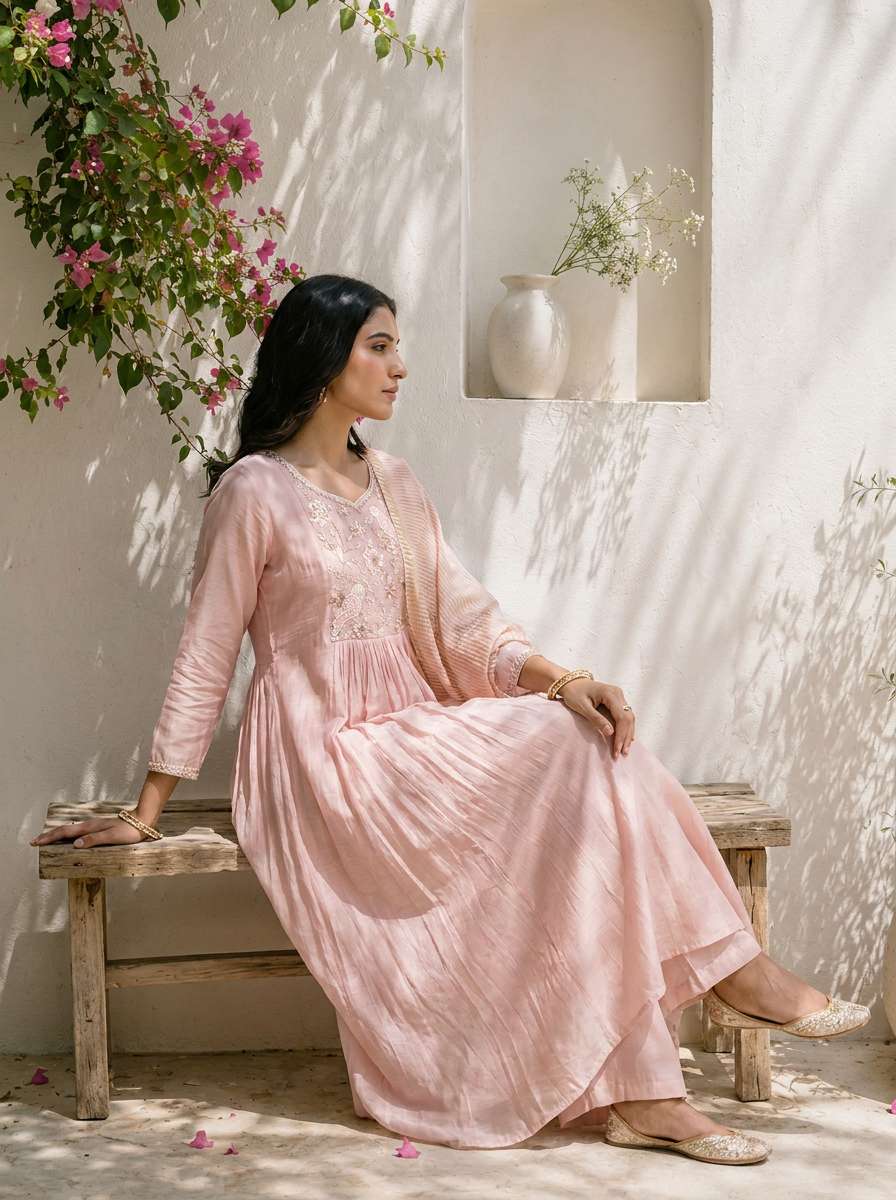 Baby Pink Muslin Bird Embroidered Three Piece Set