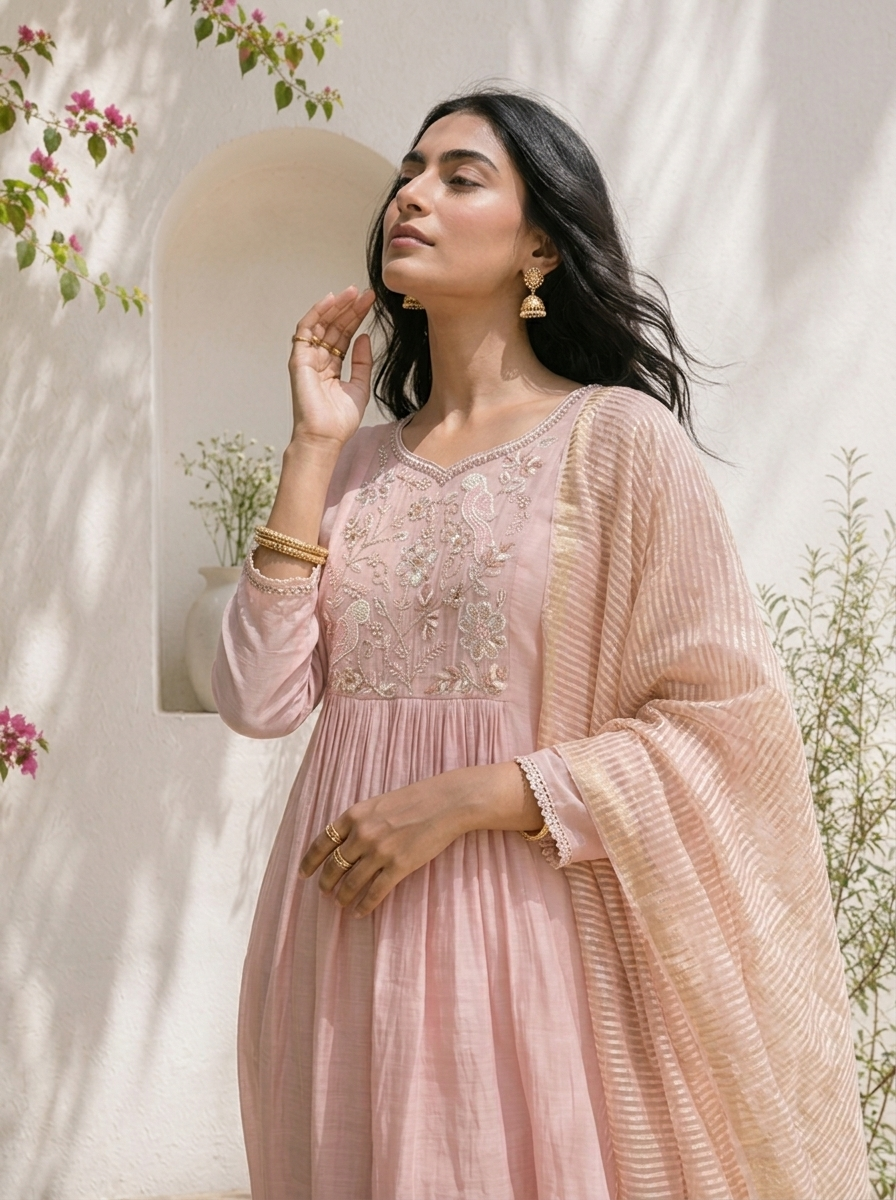 Baby Pink Muslin Bird Embroidered Three Piece Set