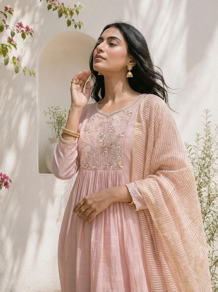Baby Pink Muslin Bird Embroidered Three Piece Set
