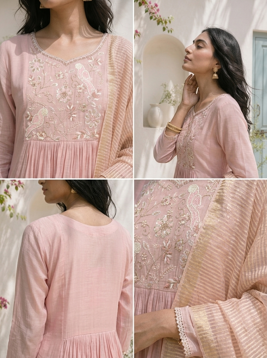 Baby Pink Muslin Bird Embroidered Three Piece Set
