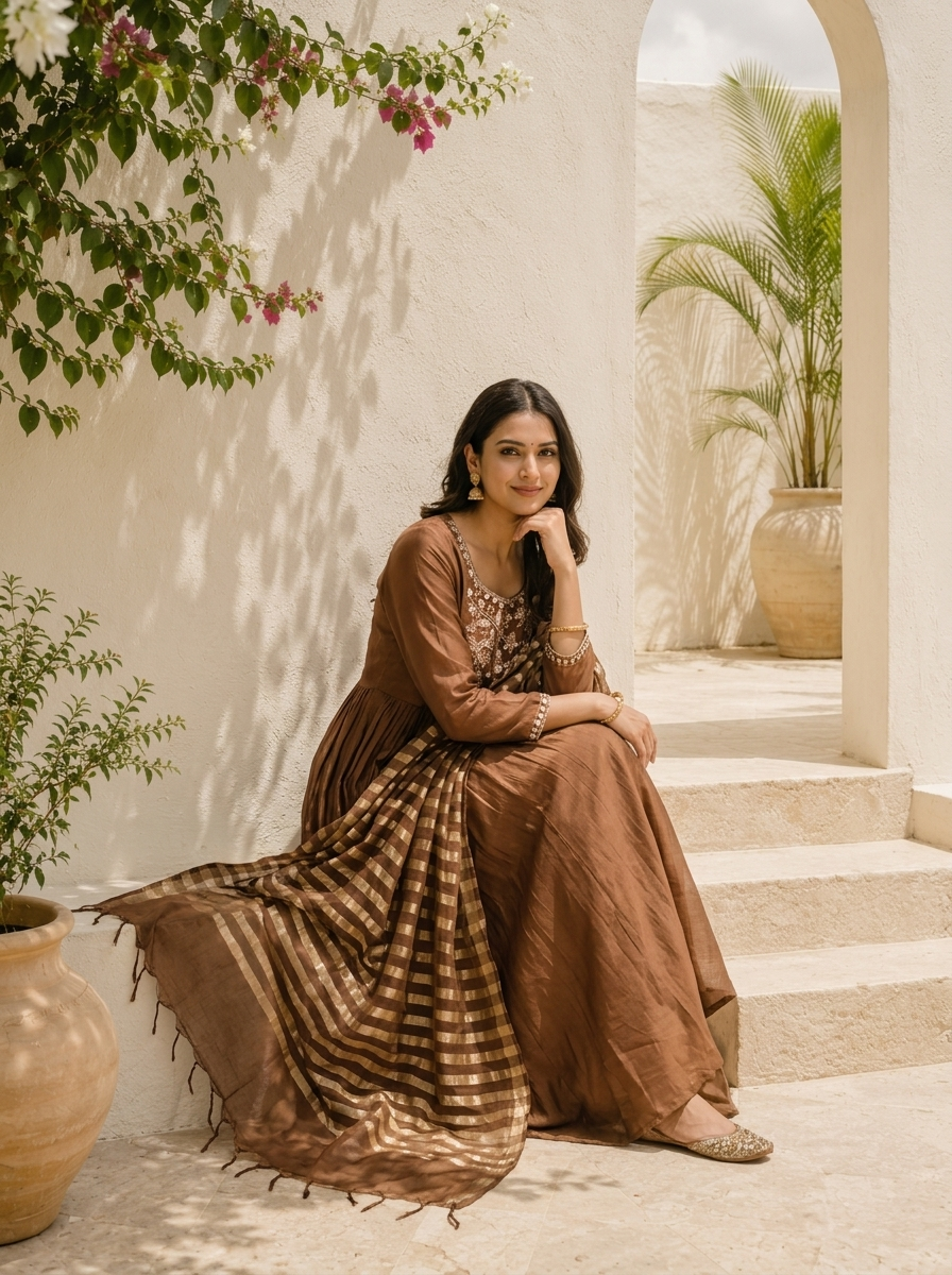 Brown Muslin Palm Tree Embroidered Three Piece Set