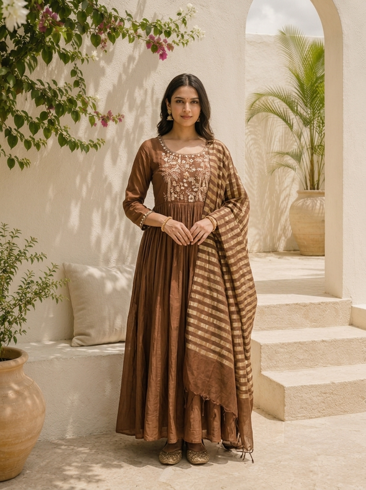 Brown Muslin Palm Tree Embroidered Three Piece Set