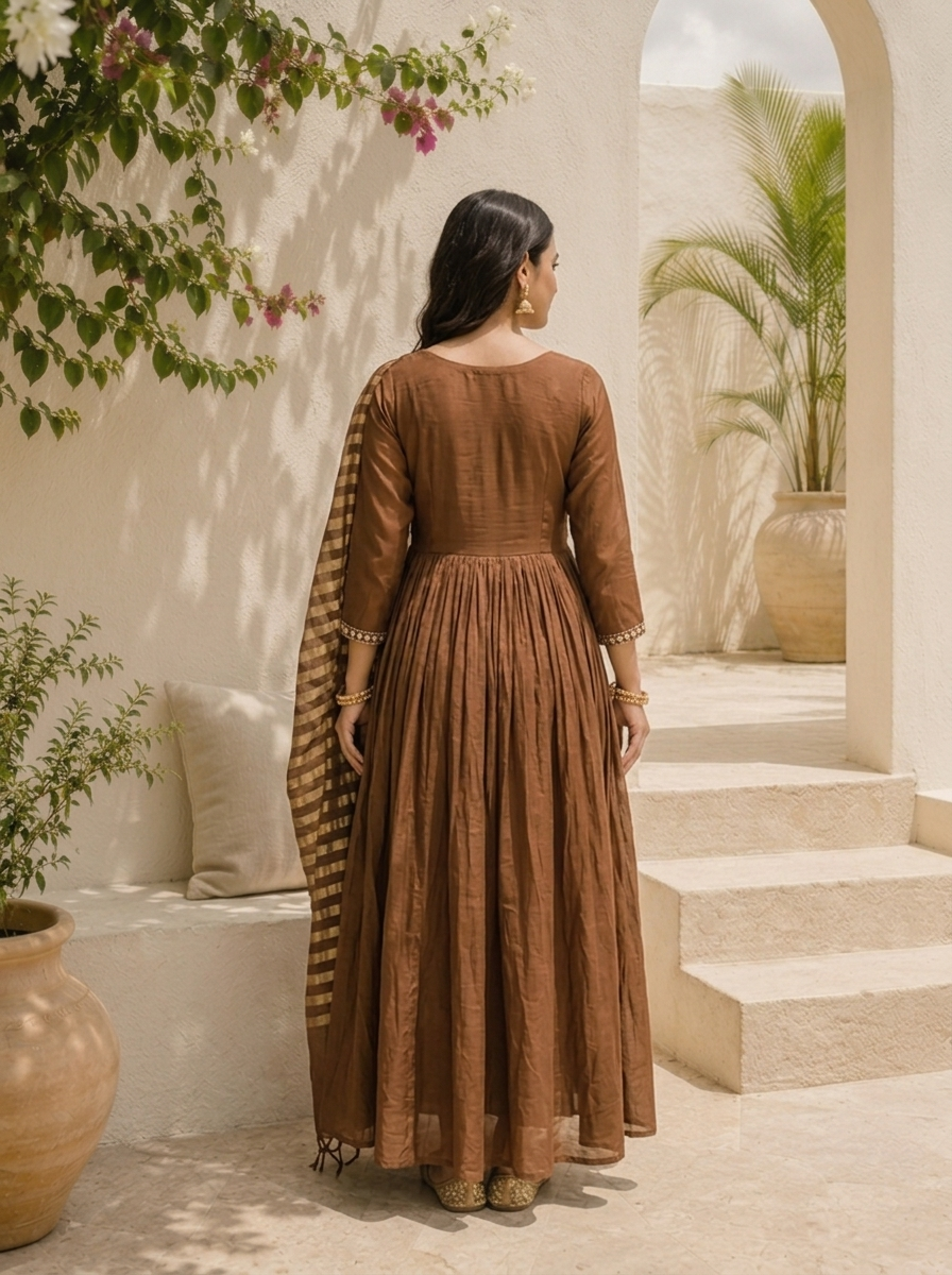 Brown Muslin Palm Tree Embroidered Three Piece Set