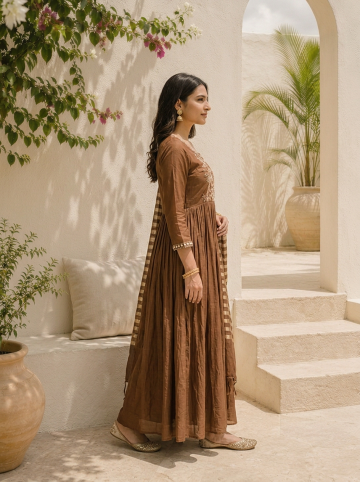Brown Muslin Palm Tree Embroidered Three Piece Set