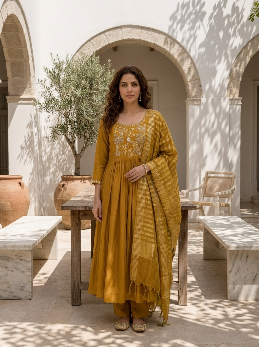 Mustard Muslin Palm Tree Embroidered Three Piece Set