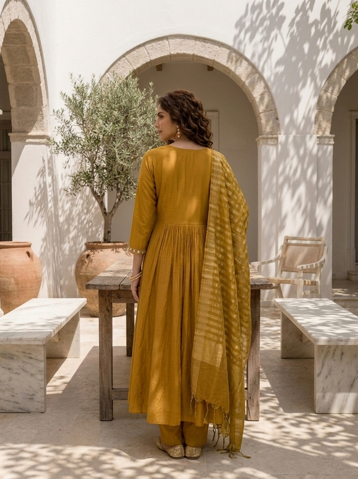 Mustard Muslin Palm Tree Embroidered Three Piece Set
