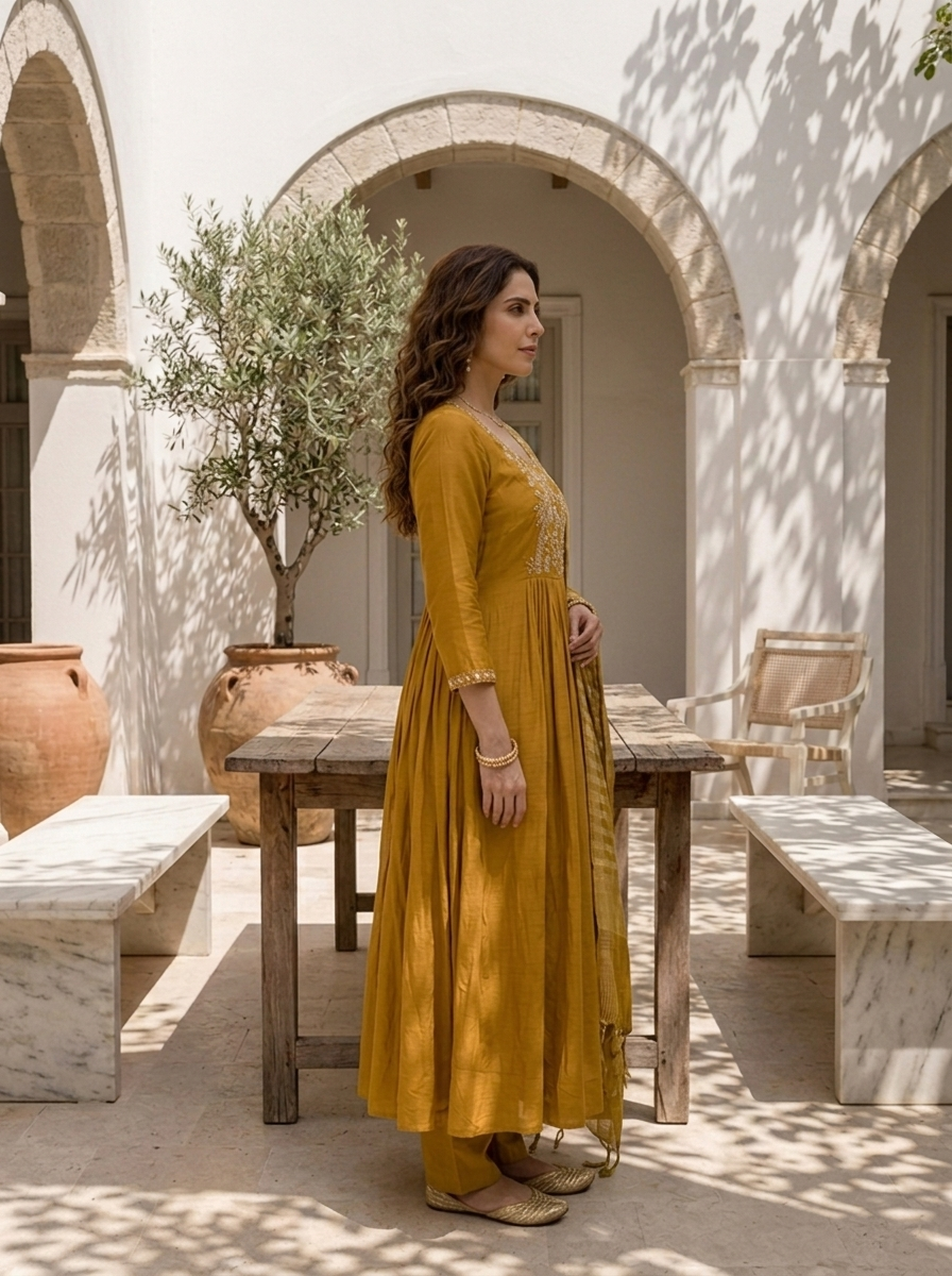 Mustard Muslin Palm Tree Embroidered Three Piece Set