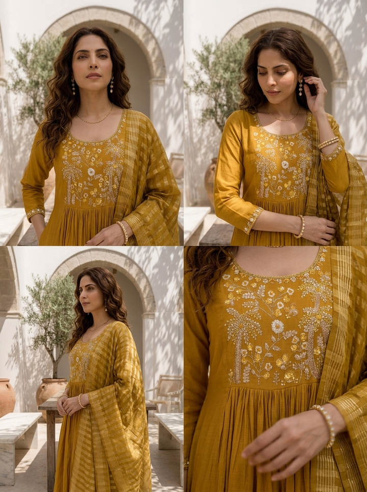 Mustard Muslin Palm Tree Embroidered Three Piece Set
