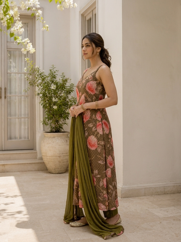 Olive Chinon Digital Floral Printed Three Piece Set