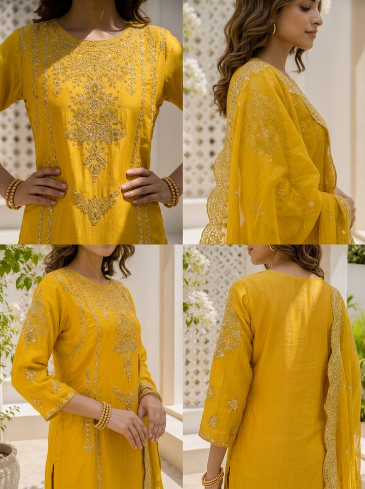 Mustard Silk Thread And Zari Embroidered Three Piece Set