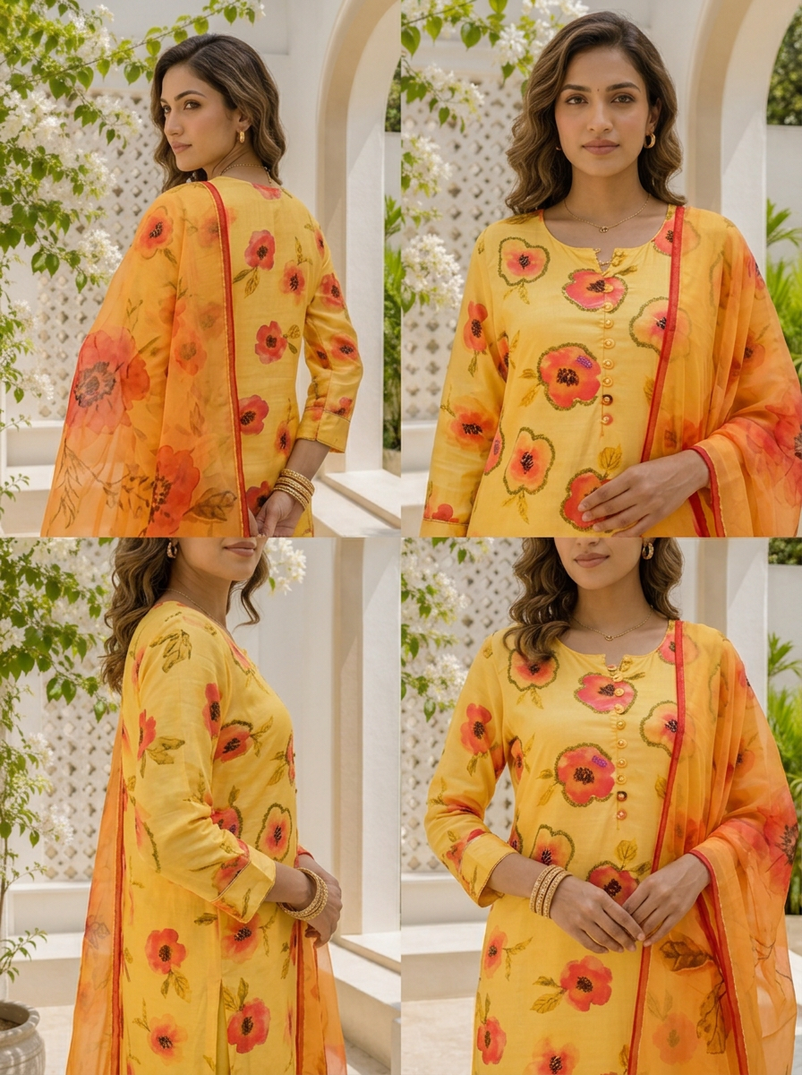 Yellow Linen Floral And Leaf Printed Three Piece Set