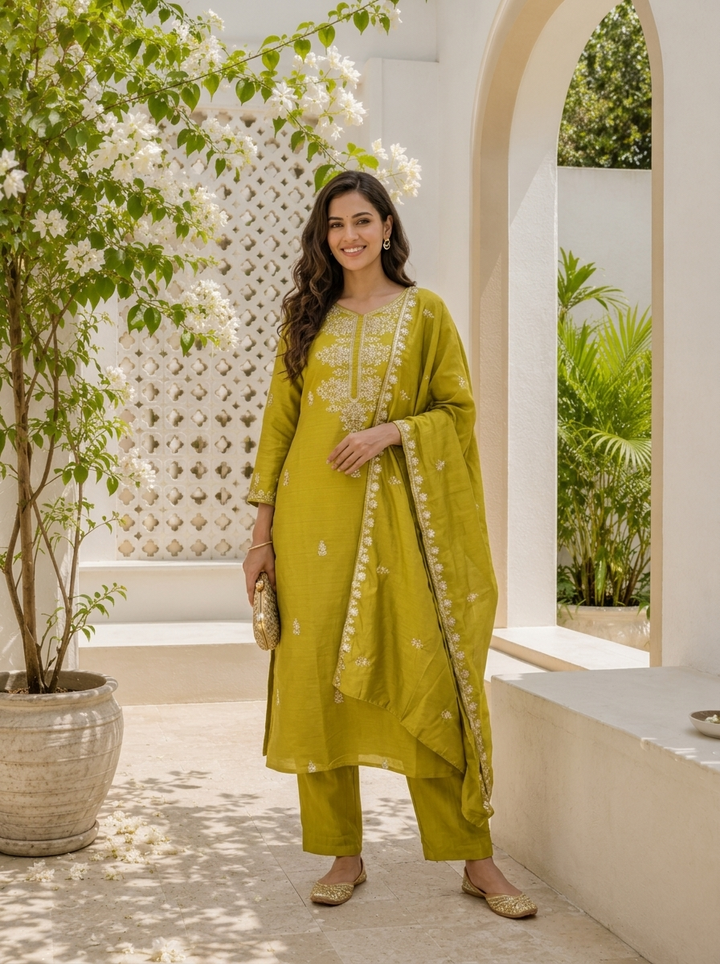Green Silk Zari Embroidered Three Piece Set