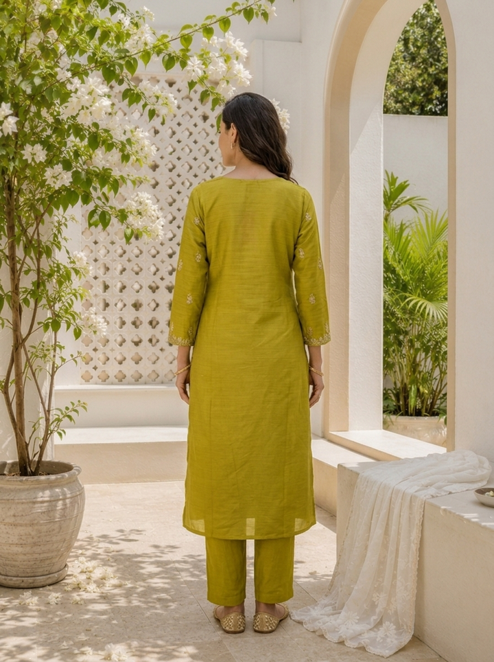 Green Silk Zari Embroidered Three Piece Set