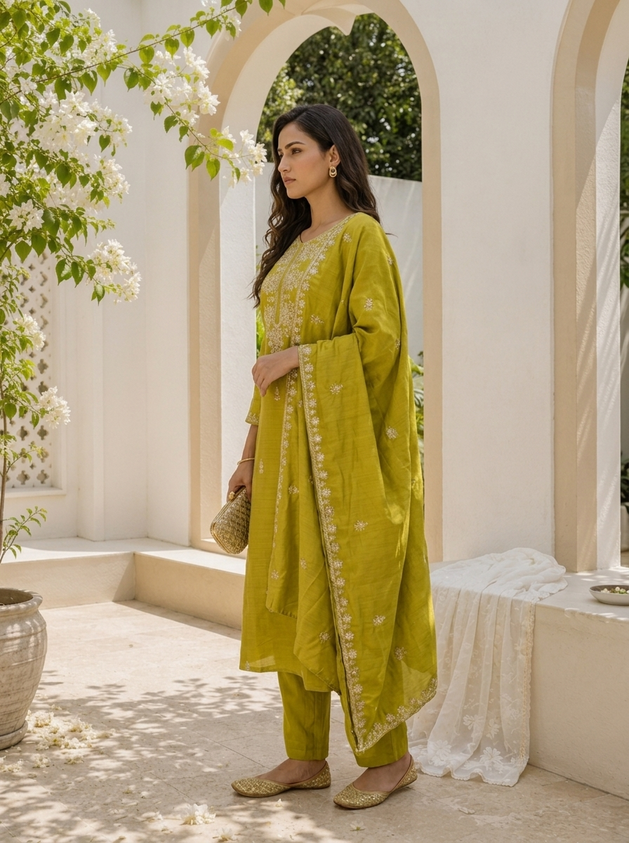 Green Silk Zari Embroidered Three Piece Set
