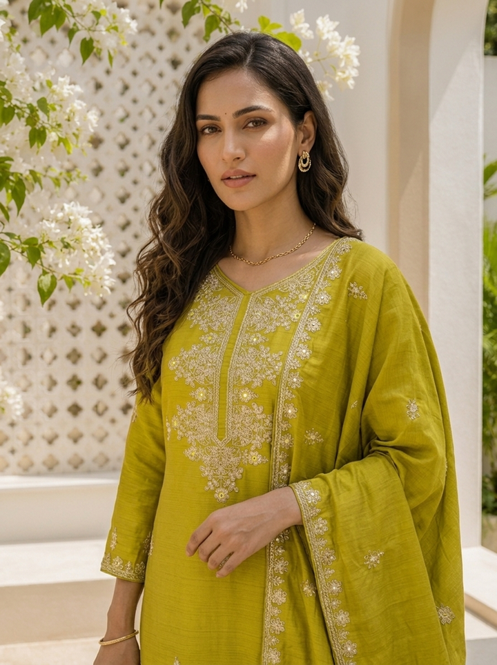 Green Silk Zari Embroidered Three Piece Set