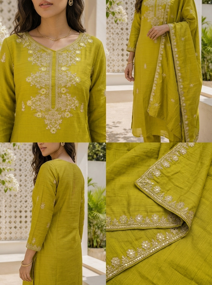 Green Silk Zari Embroidered Three Piece Set