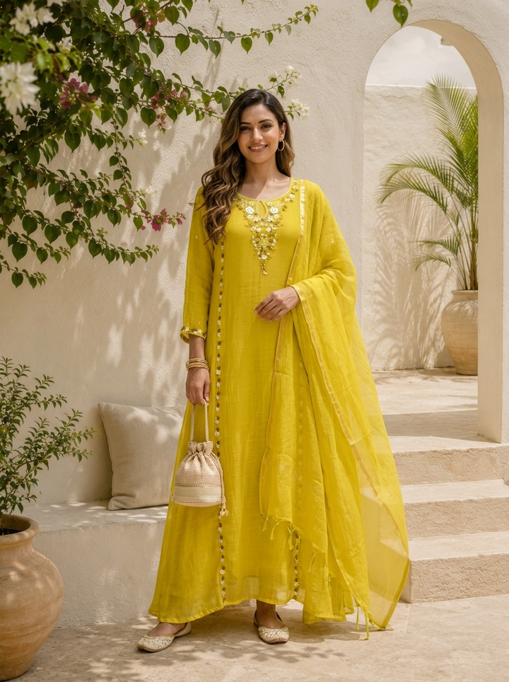 Green Muslin Floral Thread With Side Panel Embroidered Three Piece Set