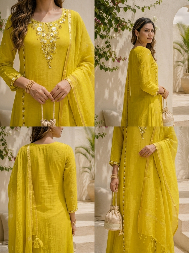 Green Muslin Floral Thread With Side Panel Embroidered Three Piece Set