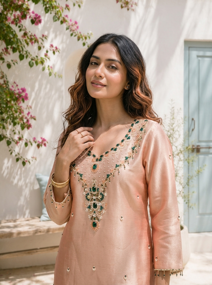Peach Organza Pulse And Stone Embroidered Three Piece Set