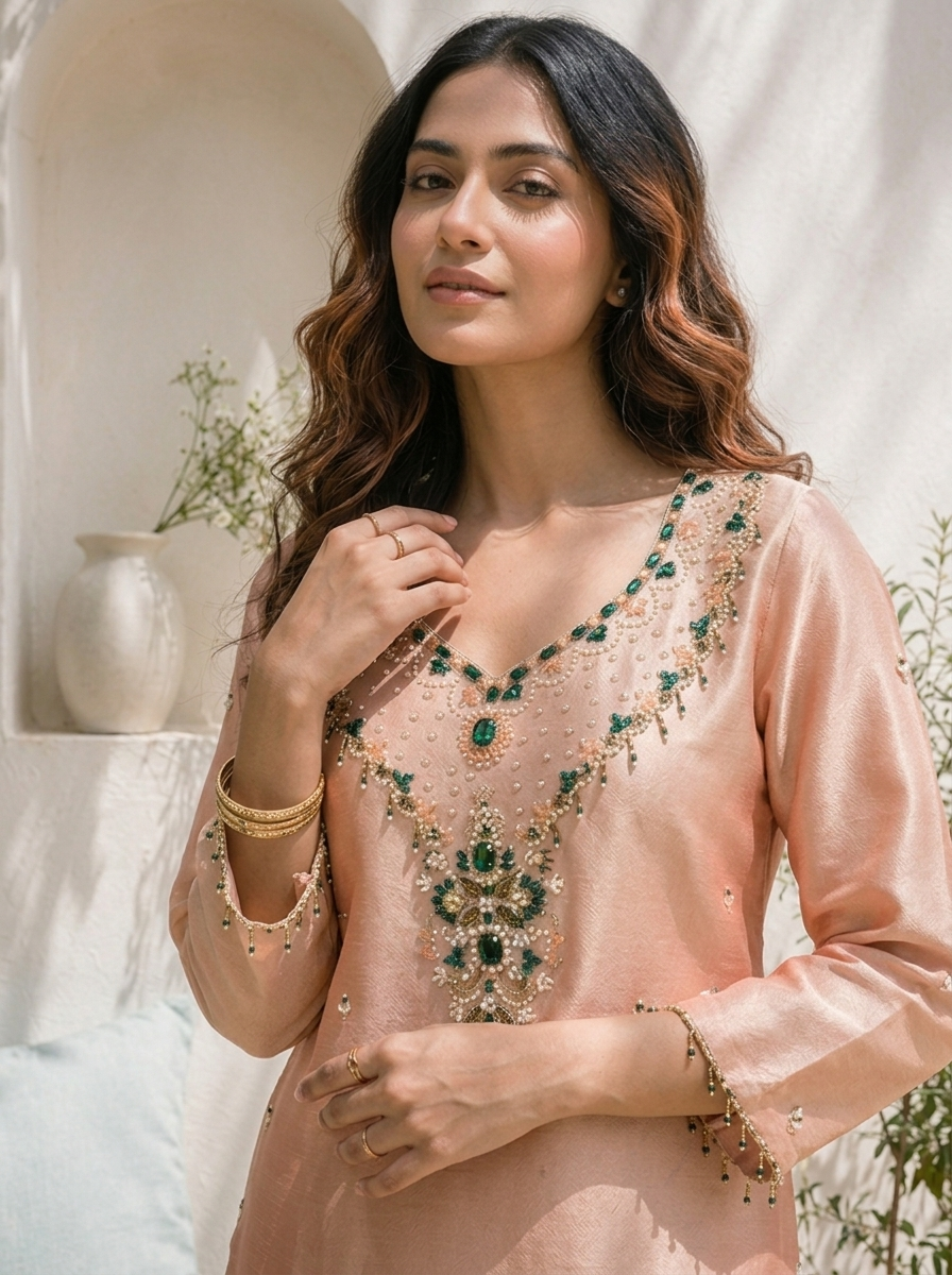Peach Organza Pulse And Stone Embroidered Three Piece Set