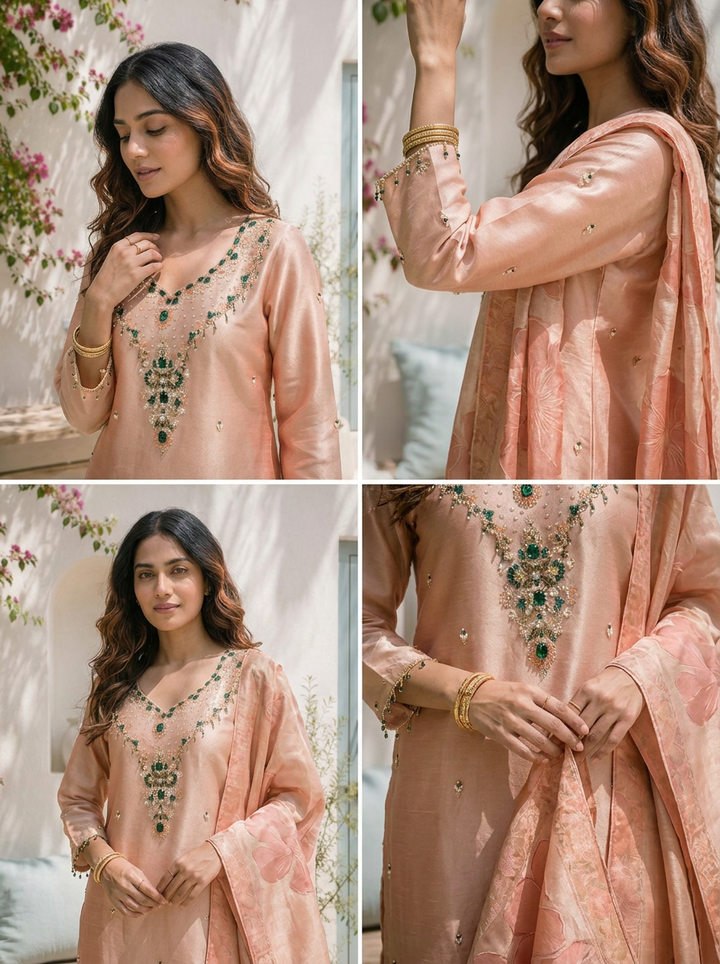 Peach Organza Pulse And Stone Embroidered Three Piece Set