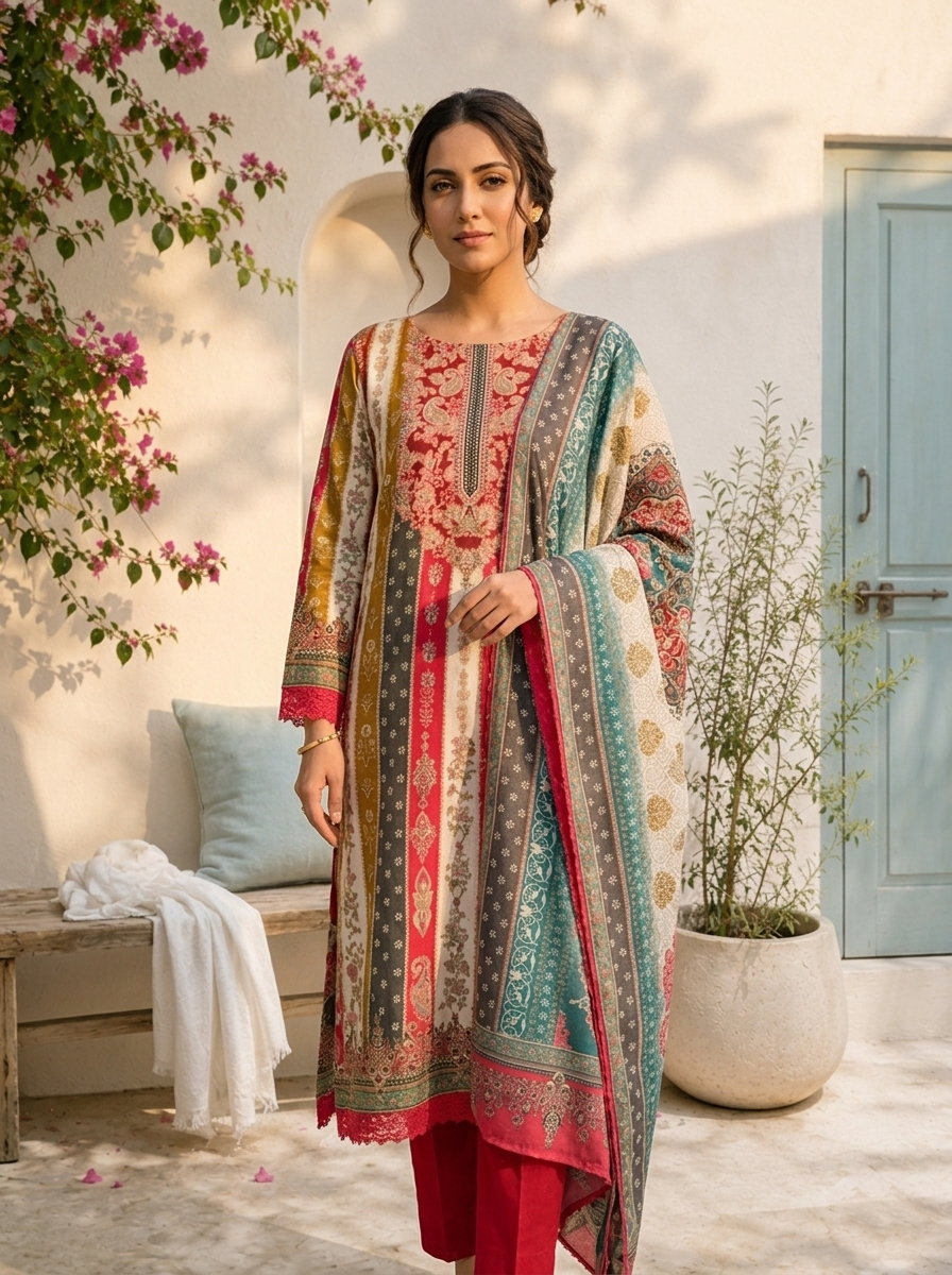Multicolor Rayon Ethnic Motif Printed Three Piece Set