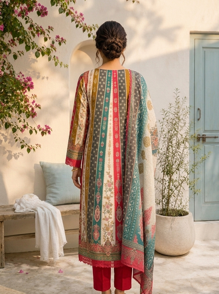 Multicolor Rayon Ethnic Motif Printed Three Piece Set